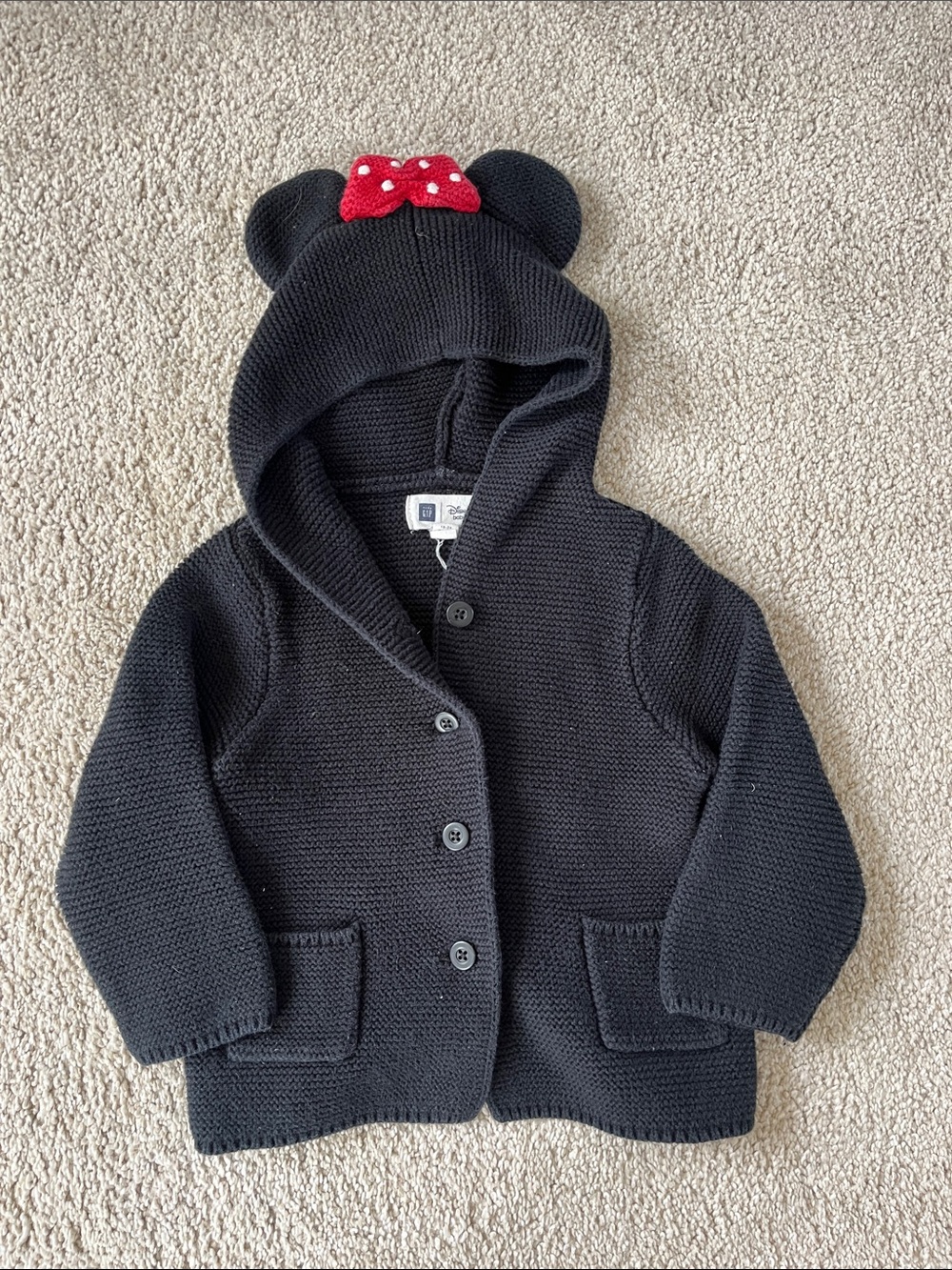 GAP x Disney Minnie Mouse Black Knit Hooded Sweater with Red Bow Detail